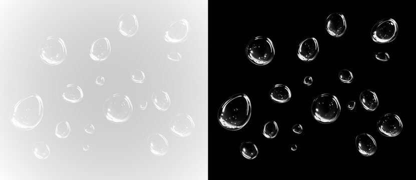 Floating transparent liquid droplets on a transparent background in PNG format. Realistic overlay of gel or oil bubbles for product presentations and graphic design.