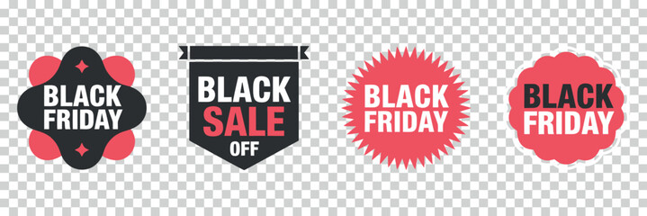 A collection of four vibrant black friday sale labels and promotional badges with contrasting colors and unique designs is displayed