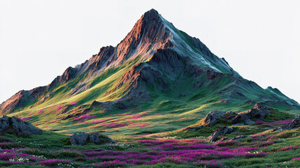 A majestic mountain surrounded by lush green and colorful wildflowers.