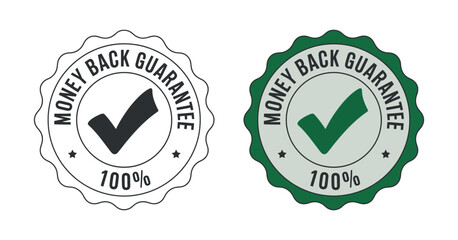 two circular badges displaying a money back guarantee with a checkmark presented in both black and white and full color variations for brand assurance