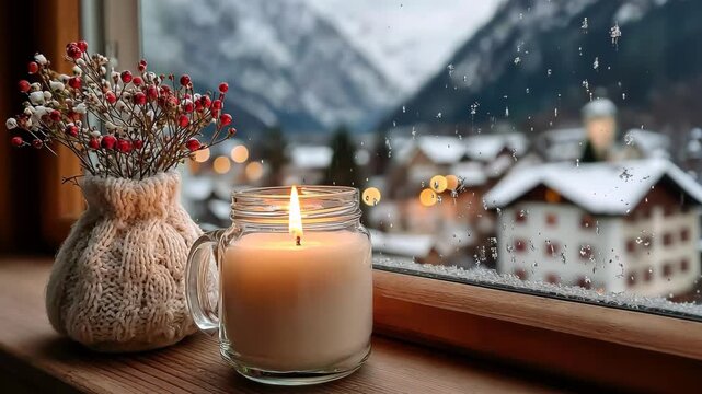 Cozy candlelit winter chalet scene with falling snow and mountain view