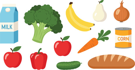 Cartoon healthy food collection, fruits vegetables dairy grains, colorful grocery items, nutrition illustration, diet planning, organic food sketch