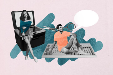 Creative full art collage of happy business partners girl guy stand office keypad bubble...