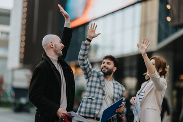 Three colleagues celebrate with high fives outdoors, holding folders in a dynamic urban moment.