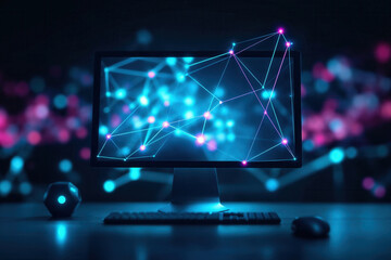Glowing network of data connections on a computer screen. Abstract visualization of big data and artificial intelligence. Futuristic technology and digital communication concept