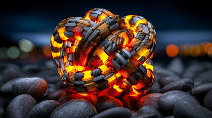 Un n&oelig;ud tiss&eacute;, symbole de talisman porte-bonheur, avec une lumi&egrave;re ambr&eacute;e, rouge et jaune, sur des galets