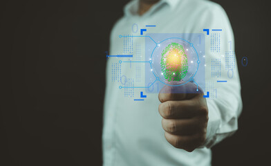 Thumbs up with virtual fingerprint to scan identity and access password. Technology security system to prevent unauthorized data breaches. Strengthen your digital safety and protect your identity.