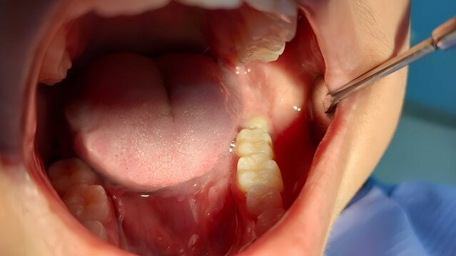 Close-up intraoral photograph showing an impacted tooth before extraction procedure, highlighting dental anatomy, oral surgery preparation, and clinical conditions in a medical setting.