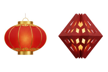 A digital illustration of two Chinese lanterns. The left one is a traditional red lantern with gold accents and vertical stripes, isolated