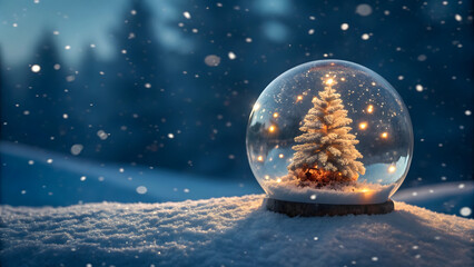 Christmas Tree Inside Snow Globe on Winter Night