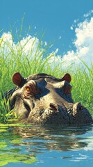 Fototapeta premium Close up of a hippo partially submerged in water with lush green vegetation