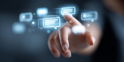 Fototapeta premium Hand Reaching Out with AI Graphic Elements, Integrated Text Bubbles, and Command Prompt Concept Depicting Modern Communication Technology