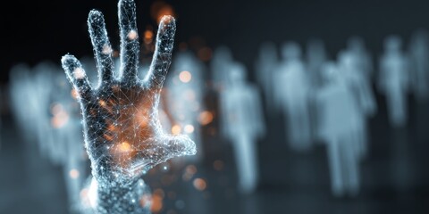 Futuristic Hand Reaching Out with Digital Community Representation in a Business Context with Light Effects and a Professional Background