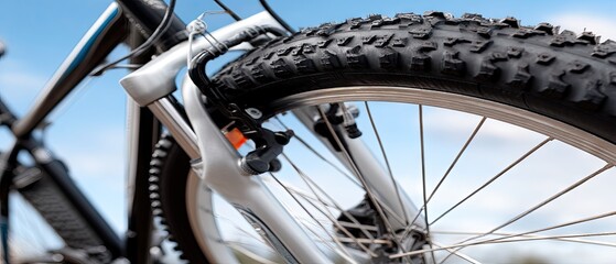 Mountain bike wheel close-up showing tire tread and suspension on a clear sunny day with blue sky in the background enhancing outdoor cycling atmosphere