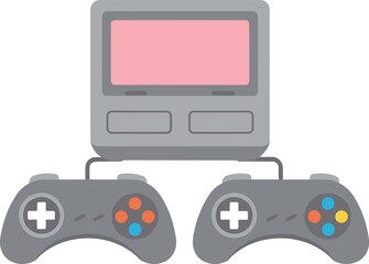 Retro video game console with two controllers representing classic gaming entertainment nostalgia and old school technology flat vector illustration