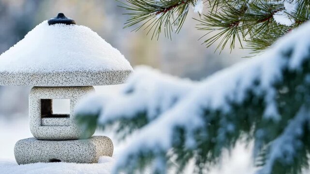 Tranquil winter scene featuring snowcovered stone lantern among pine branches