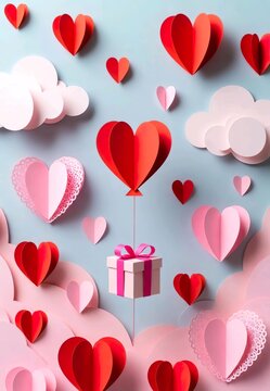 Paper Craft Valentine's Day Scene: Floating Red Pink Hearts, Gift Box Balloon in Cloudy Blue Sky - Romantic Papercut Love Illustration