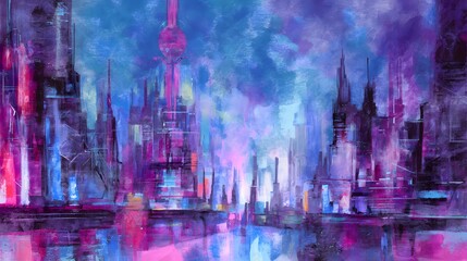 Dreamy Cyberpunk Cityscape Watercolor Illustration Glowing Neon Hues Modern Futuristic Design