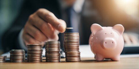 Businessman Calculating Profit Growth with Stacks of Coins and Piggy Bank on Desk, Financial Success and Investment Strategy Visualization