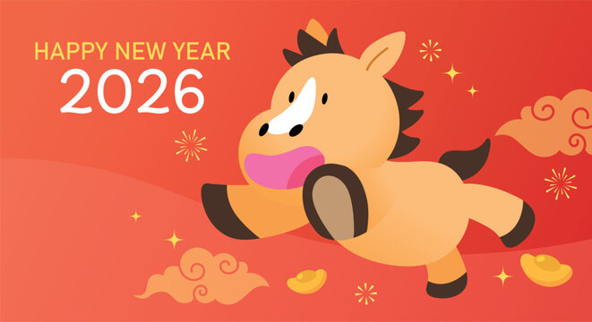 Happy chinese new year of the horse 2026 greetings style. Cute zodiac horse in cartoon style with gold sycee ingots decorations.