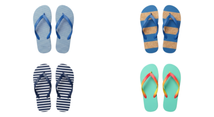 Array of colorful flip flops arranged on a black background for summer fashion displays isolated