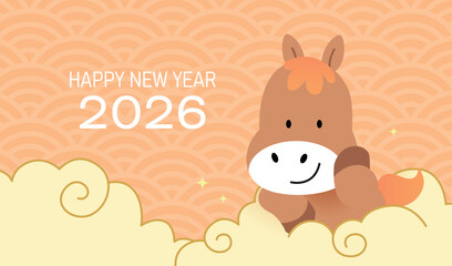 Fototapeta premium Cute zodiac horse in cartoon style with auspicious clouds decorations. Happy chinese new year of the horse 2026 greetings card.