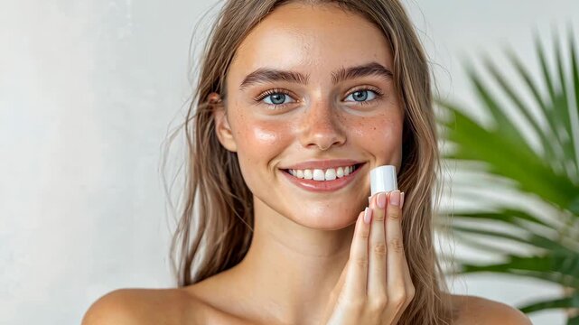 Natural skincare routine demonstration with smiling woman applying moisturizer