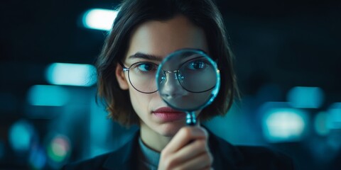 Person Holding Magnifying Glass in a Dark Room Exploring Details and Investigating with Curiosity and Attention to Fine Elements in a Professional Setting