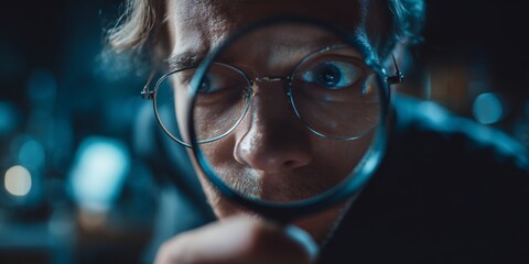 Person Holding Magnifying Glass in a Dark Room Exploring Details and Investigating with Curiosity and Attention to Fine Elements in a Professional Setting