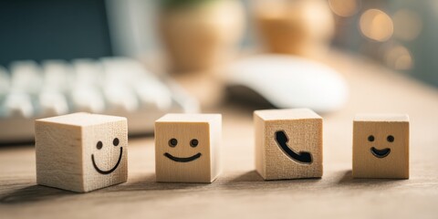 Smiling Wooden Figurines Representing Communication Methods and Digital Interaction on a Desk with Keyboard and Mouse in Soft Focus Background