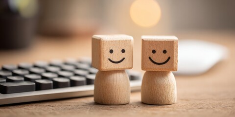 Smiling Wooden Figurines Representing Communication Methods and Digital Interaction on a Desk with Keyboard and Mouse in Soft Focus Background