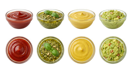 assorted bowls of colorful dips and salsas displayed on a plain background with a transparent