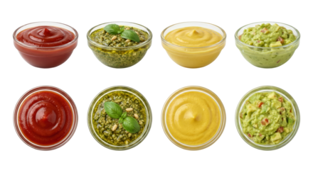 assorted bowls of colorful dips and salsas displayed on a plain background with a transparent