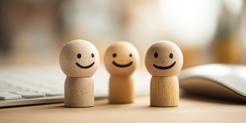 Smiling Wooden Figurines Representing Communication Methods and Digital Interaction on a Desk with Keyboard and Mouse in Soft Focus Background