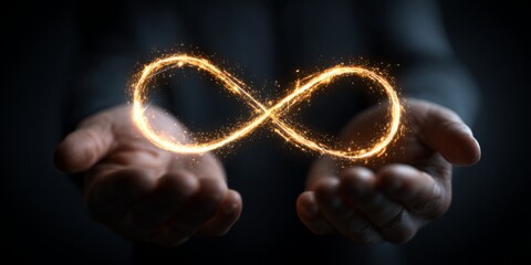 Concept of sustainability, circular economy and recycling represented by glowing infinity symbol held in hands against dark background, symbolizing control