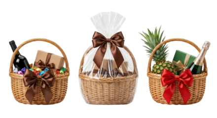 Elegant gift baskets with festive wrapping and decorative bows isolated on transparent background