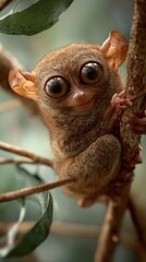 Fototapeta premium Close up of a tarsier primate clinging to a tree branch with large eyes