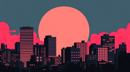 A vibrant cityscape at dusk with skyscrapers lighting up as the evening unfolds