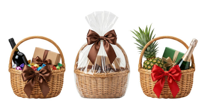 Elegant gift baskets with festive wrapping and decorative bows isolated on transparent background