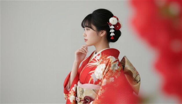 手を顎に当て考え込む表情の振袖姿の女性