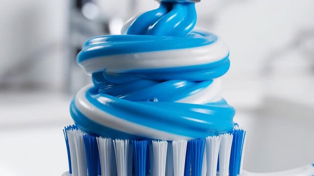 Perfect swirl of blue and white toothpaste on a fresh toothbrush