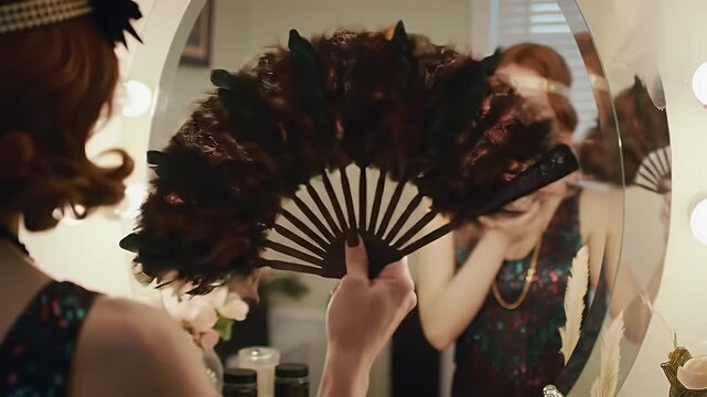 Elegant woman in twenties fashion gazing in vintage mirror with feather fan action