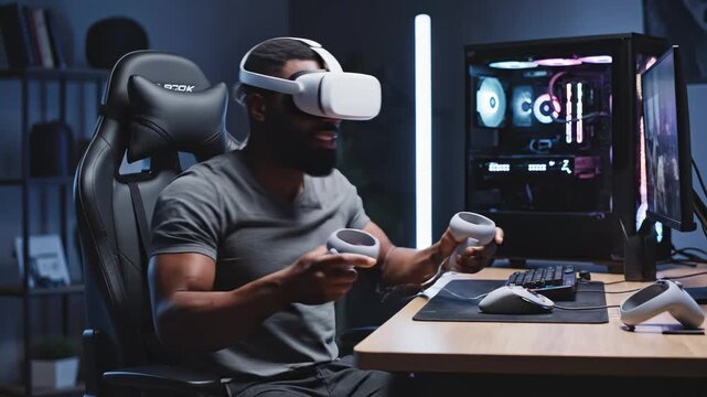 Man using VR headset and controllers