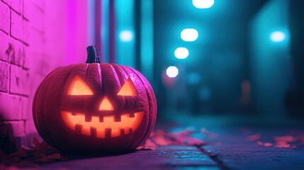 A vibrant Halloween street party with carved pumpkins, costumes, and eerie lights