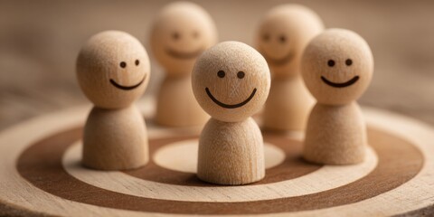 Smiling wooden figures surrounding a bullseye target on a wooden surface, representing teamwork, focus, and success in achieving goals