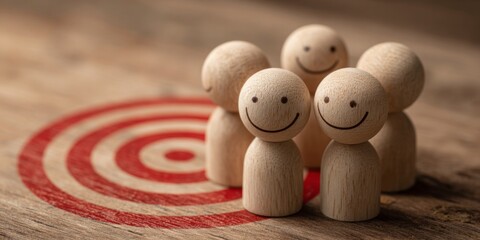 Smiling wooden figures surrounding a bullseye target on a wooden surface, representing teamwork, focus, and success in achieving goals