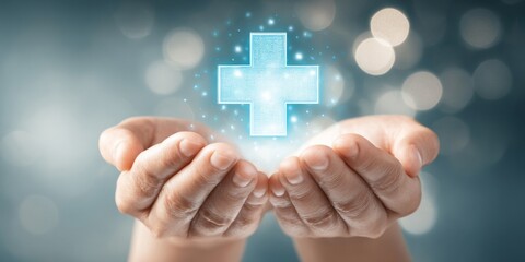 Hands Offering a Glowing Medical Cross Symbol for Health and Wellness Concept in Soft Light Background