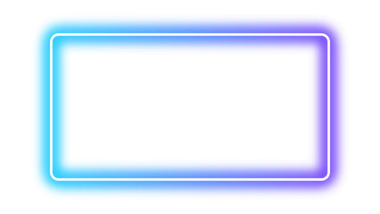 Neon glowing blue and purple gradient rectangular frame. Glowing border with bright futuristic neon effect. Shining laser line effect plate or panel with empty center for mockup. Vector illustration.