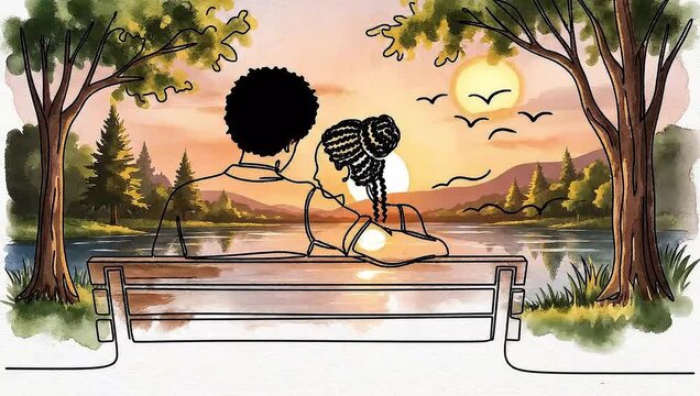 single line animation of a faceless couple seen from behind, sitting closely 