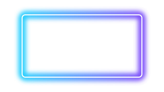 Neon glowing blue and purple gradient rectangular frame. Glowing border with bright futuristic neon effect. Shining laser line effect plate or panel with empty center for mockup. Vector illustration.